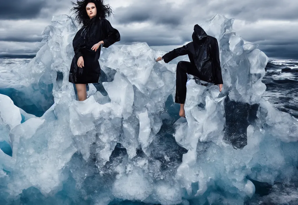 Image similar to fashion editorial on melting iceberg. gigantic ice falling in the sea. huge waves. wide angle shot. highly detailed. depth of field. high definition. 8k. photography.