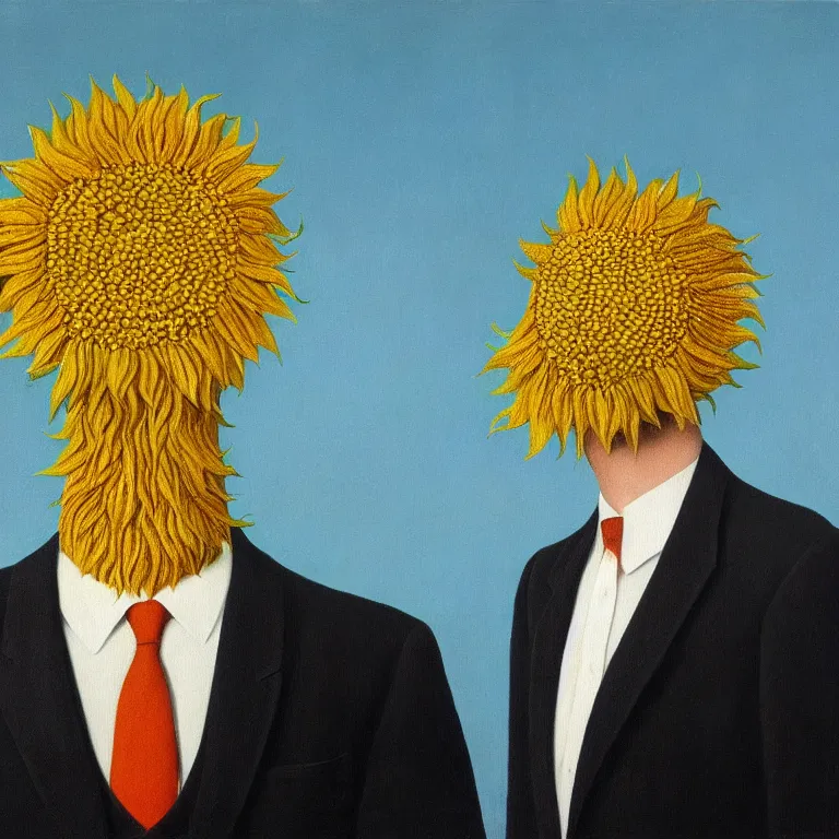 Image similar to portrait of a faceless sunflower - head man in a suit by rene magritte, detailed painting, distance, centered, hd, hq, high resolution, high detail, 4 k, 8 k