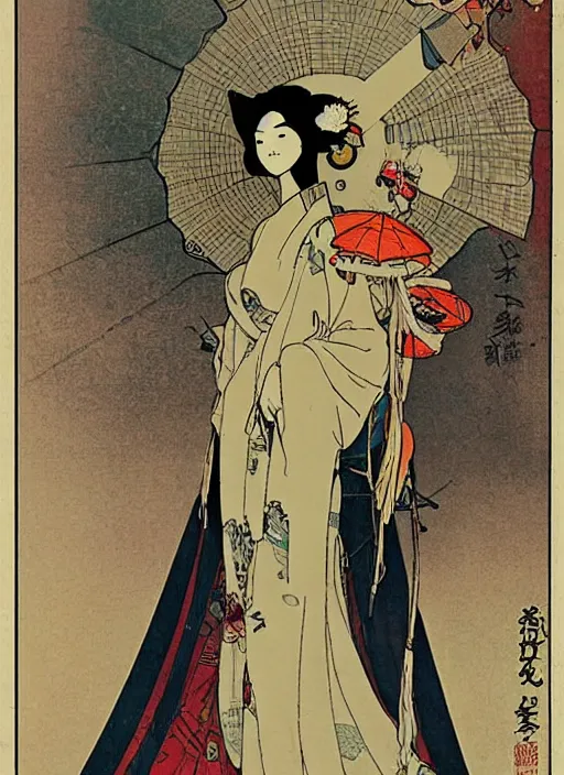 Prompt: a alien geisha walking in the streets of tokyo by Mucha