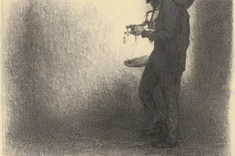 Image similar to man wearing paper bag smoking a blunt, Gustave Dore lithography