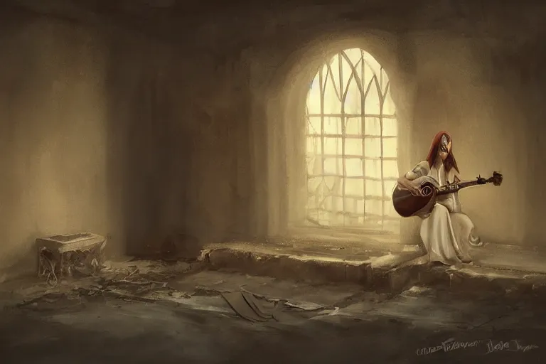 Prompt: an empty brutalist chamber, lonely, somber, a cursed lute, oud, guitar designed by brian froud leans against the wall alone, abandoned. a thin wisp of smoke rises from the lute. late afternoon lighting cinematic fantasy painting by jessica rossier