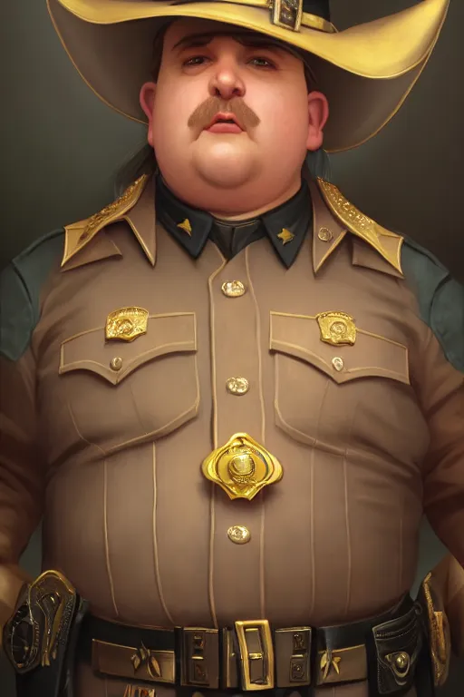 Prompt: a shifty fat high elf mall cop with a sheriff's badge with pointy elf ears, Oil Painting, hyperrealistic, octane render, Detailed Digital Art, RPG portrait, 3/4 bust, William-Adolphe Bouguereau, Michael Cheval, dynamic lighting, Highly Detailed, Cinematic Lighting, 8k, HD