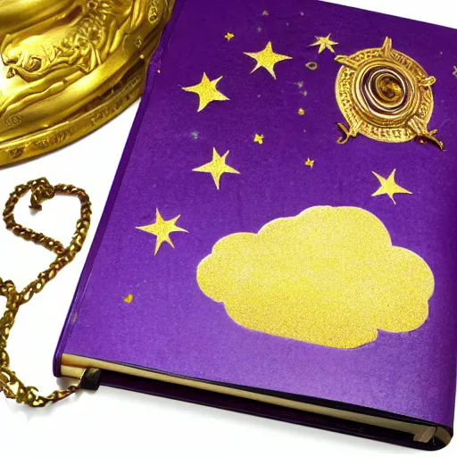 Prompt: a purple spell book with ornate filagree of imbued metal and gold sitting on top of a cloud with a space background