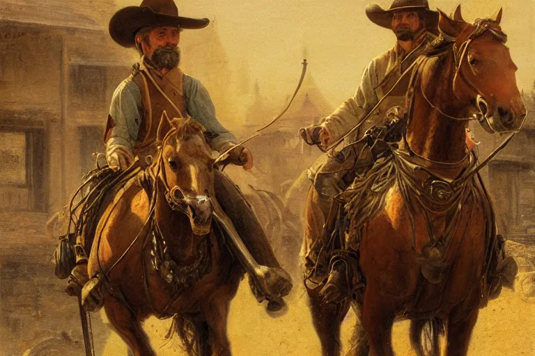 Image similar to close up portrait of rugged sheriff riding his horse through a busy old - west town, detailed, volumetric lighting, cinematic, in the style of fredrick remington, gaston bussiere