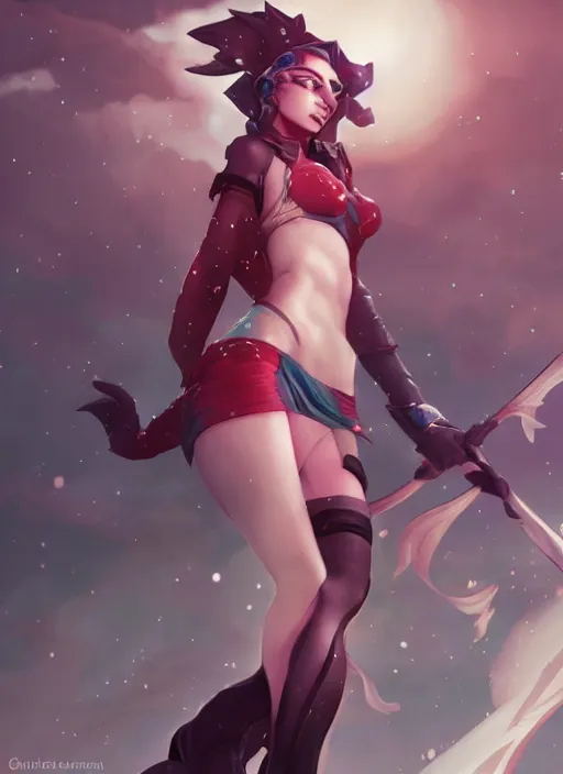 Image similar to league of legends jinx, standing on roof of building, art by artgerm, charlie bowater, ross tran.