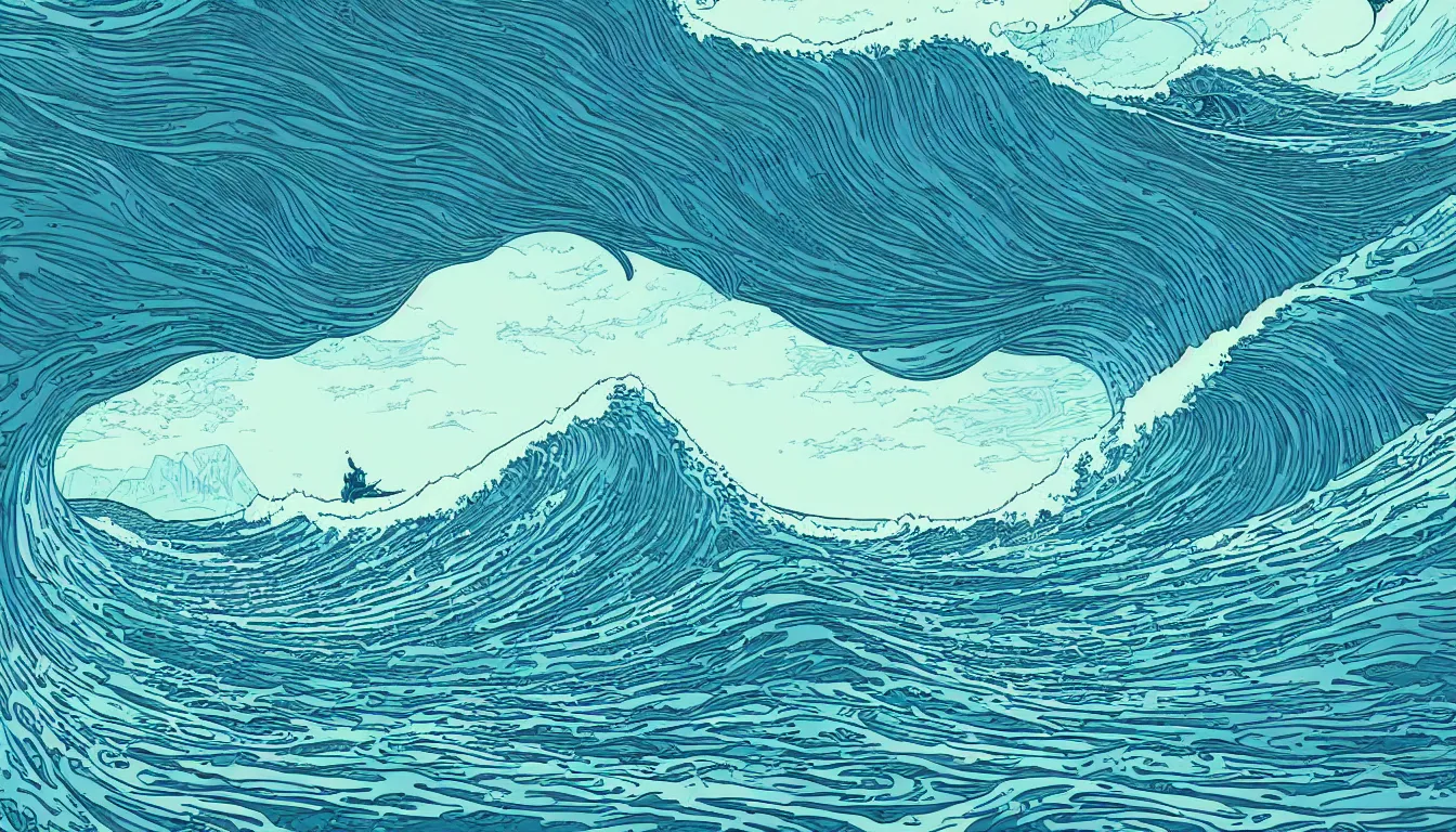 Image similar to ocean wave, land in sight by Kilian Eng, minimalist, detailed