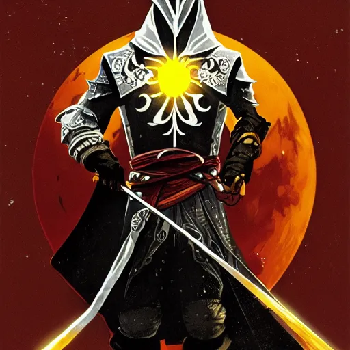 Image similar to an ultra detailed vector image of solaire of astora dressed as ezio auditore, concept art by alphonse mucha and greg rutkowski, praise the blood moon, octane render, liminal space