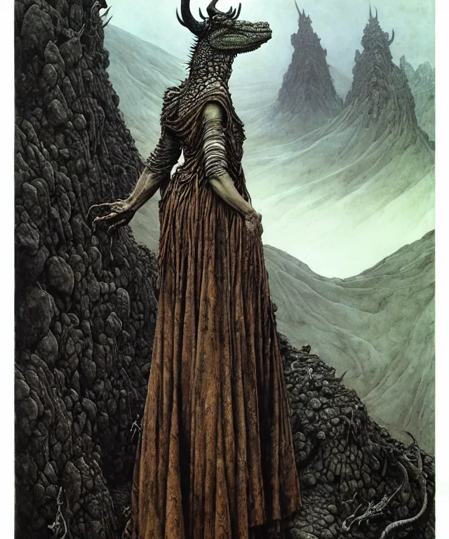 Image similar to A detailed horned crocodilewoman stands among the hills. Wearing a ripped mantle, robe. Perfect faces, extremely high details, realistic, fantasy art, solo, masterpiece, art by Zdzisław Beksiński, Arthur Rackham, Dariusz Zawadzki