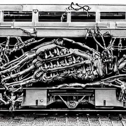 Image similar to boxcar made of human meat and bone, biomechanical railroad, highly detailed, War Photography, Pushead art, by H.R. Giger