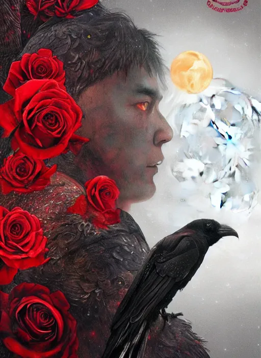 Image similar to Big glowing moon is very important, red and golden color details, portrait, A crow with red eyes in front of the full big moon, book cover, red roses, red white black colors, establishing shot, extremly high detail, foto realistic, cinematic lighting, by Yoshitaka Amano, Ruan Jia, Kentaro Miura, Artgerm, post processed, concept art, artstation, raphael lacoste, alex ross, portrait, A crow with red eyes in front of the full big moon, book cover, red roses, red white black colors, establishing shot, extremly high detail, photo-realistic, cinematic lighting, by Yoshitaka Amano, Ruan Jia, Kentaro Miura, Artgerm, post processed, concept art, artstation, raphael lacoste, alex ross