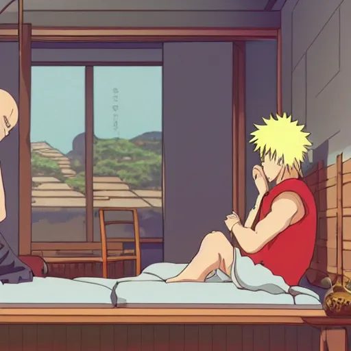 Prompt: bedroom in studio ghibli, Kakashi Hatake sitting on bed, Saitama standing next to bed, anime style