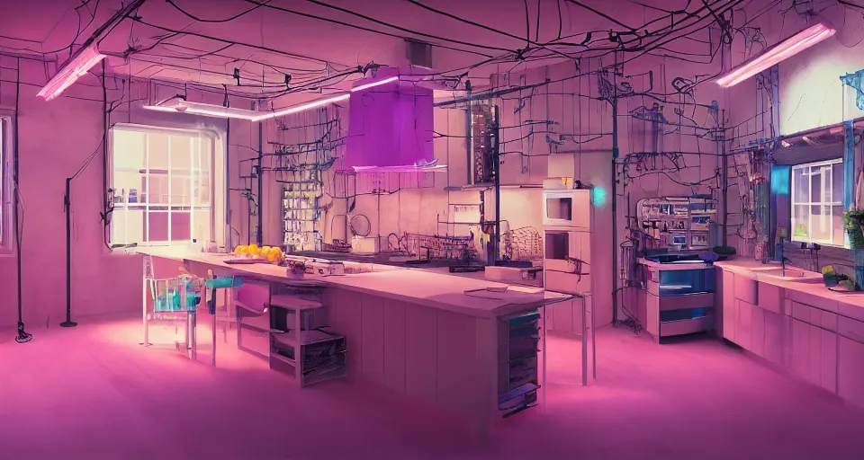 Image similar to IKEA catalogue photo, high end farm house style kitchen, cyberpunk with neon lighting, screens, monitors, wires, purple, cyan, orange, organic, vines by Beksiński