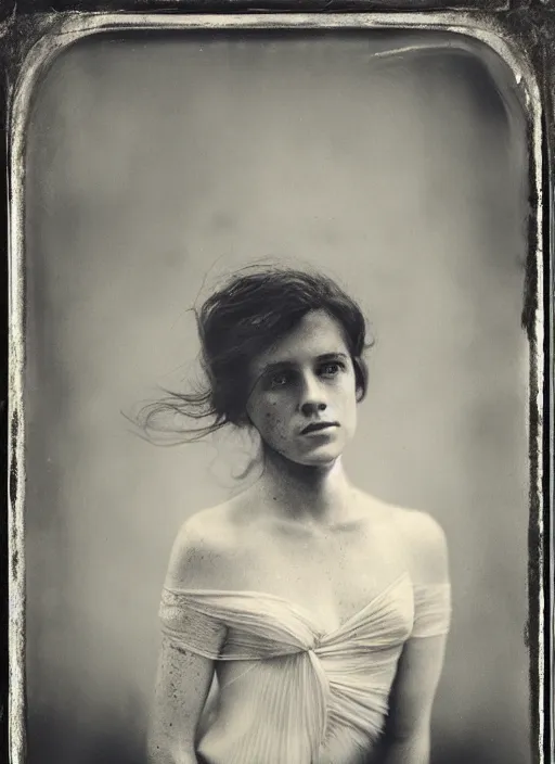 Image similar to portrait of a young irish women, photo realistic, elegant, award winning photograph, parallax, cinematic lighting, ambrotype wet plate collodion by richard avedon and shane balkowitsch