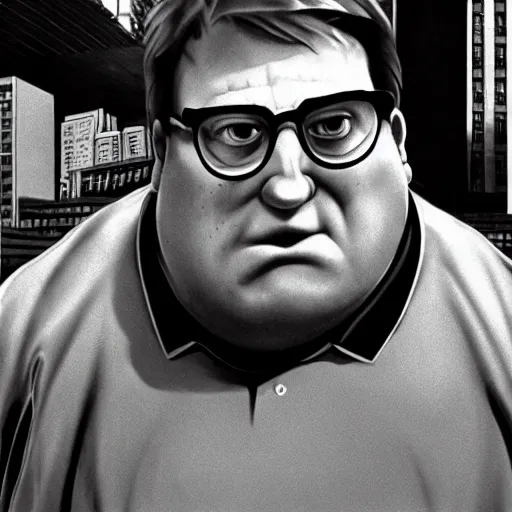 Image similar to peter griffin in They Live (1988), B&W, film still