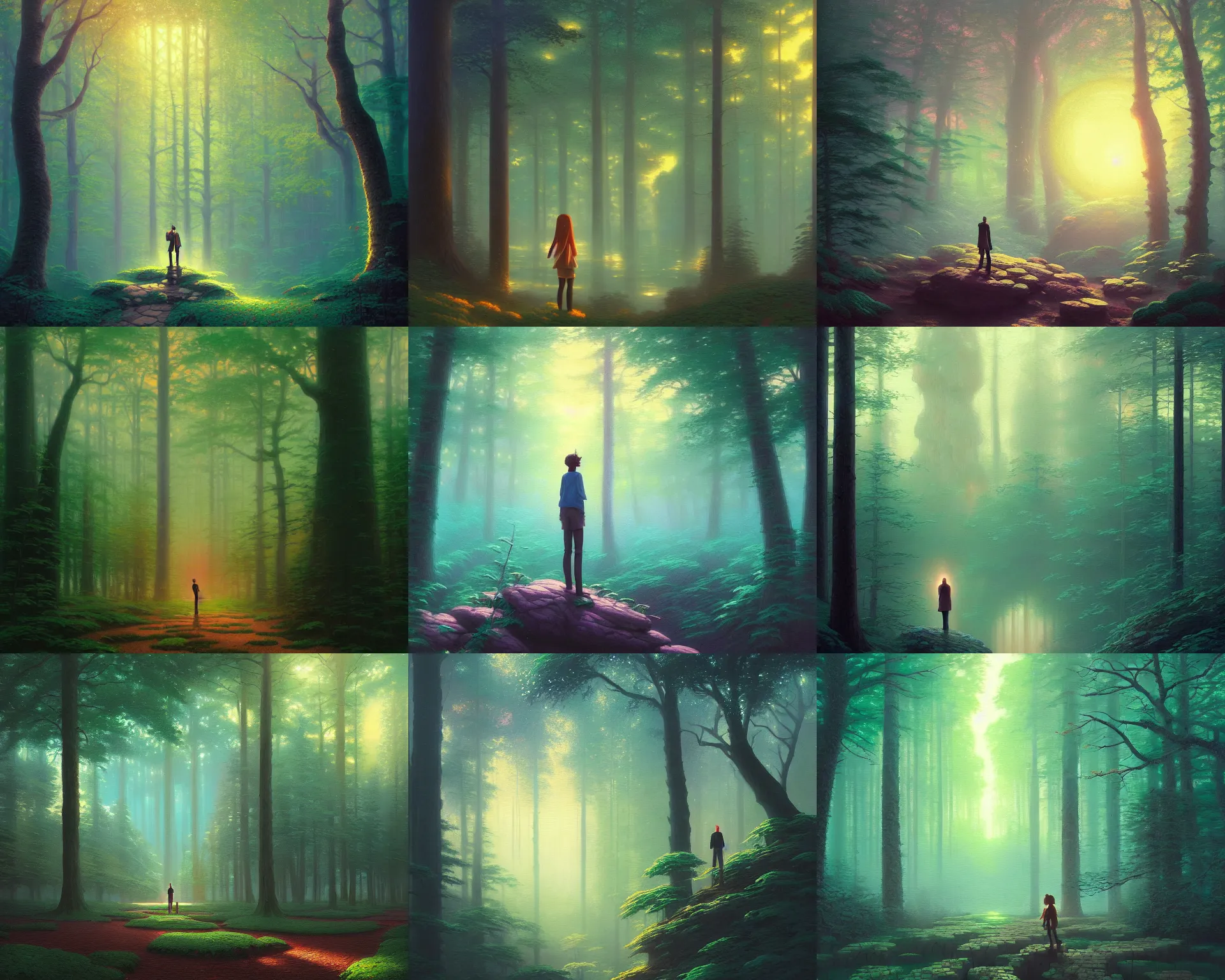 Prompt: a painting of a person standing in the middle of a forest, a matte painting by makoto shinkai james girald beeple thomas kinkade, breathtaking lights, pixiv contest winner, fantasy art, anime aesthetic, anime, fantasy