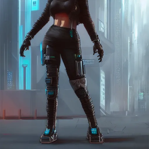 Image similar to female cyberpunk character, highly detailed, full body, digital painting, artstation, concept art, smooth, sharp focus, illustration