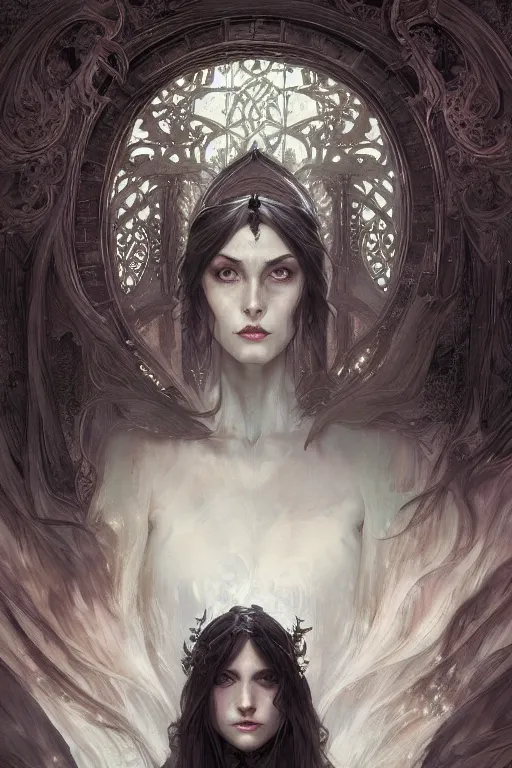 Image similar to a photograpic portrait of a pretty dark sorceress, fantasy, ominous, intricate, elegant, highly detailed, digital painting, artstation, concept art, smooth, sharp focus, illustration, art by artgerm and greg rutkowski and alphonse mucha