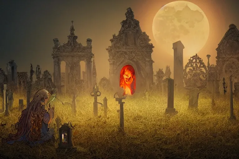 Prompt: an ultra detailed animation of a skull candle in a graveyard at midnight on halloween, digital art, dark fantasy, concept art, soulslike, by alphonse mucha, blood moon eclipse, ruined building in the background, artstation, 8 k, unreal engine render