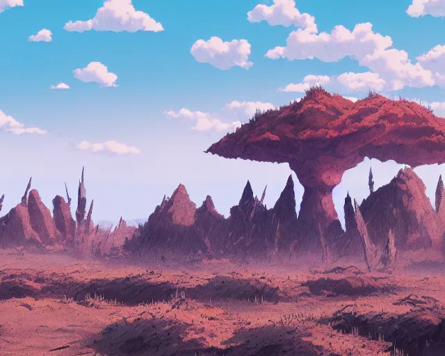 Image similar to landscape of flat wastelands, thin rocky spikes, studio ghibli style, hayao miyazaki, award winning photograph, highly detailed, artstation, hd wallpaper