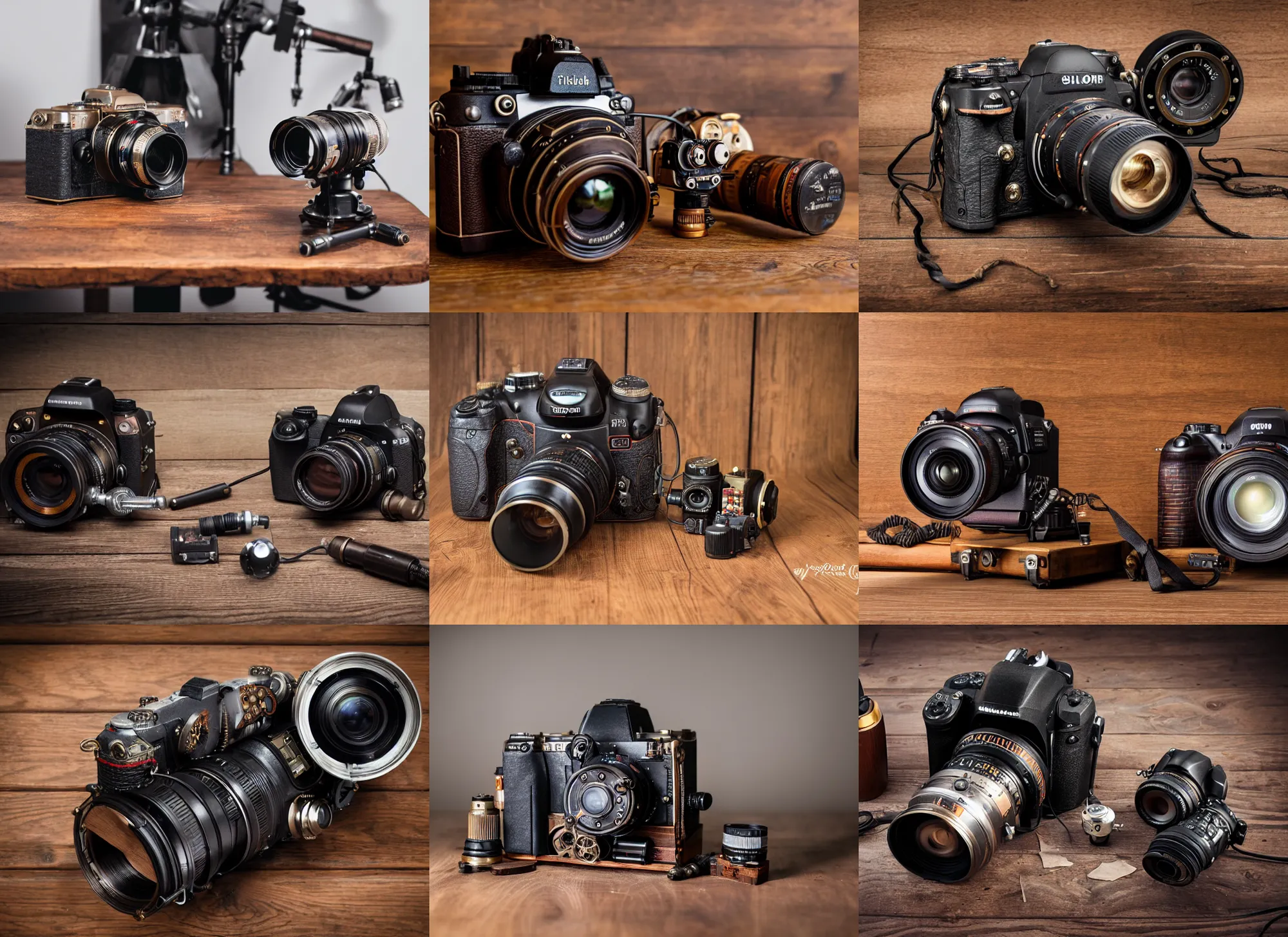 Prompt: a steampunk dslr camera on a wooden table, tubes, dials, studio light, edge lit, detailed, product photography