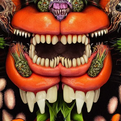 Prompt: album cover, teeth, black, white, orange, psychedelic, giuseppe arcimboldo