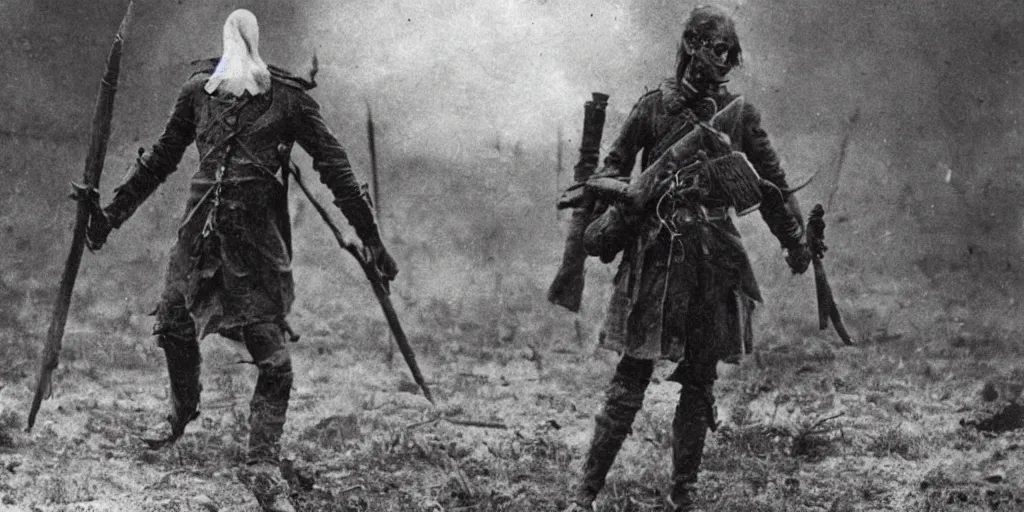 Image similar to scary unproportionable tall ghost creature in the middle of a battlefield, 1900s picture