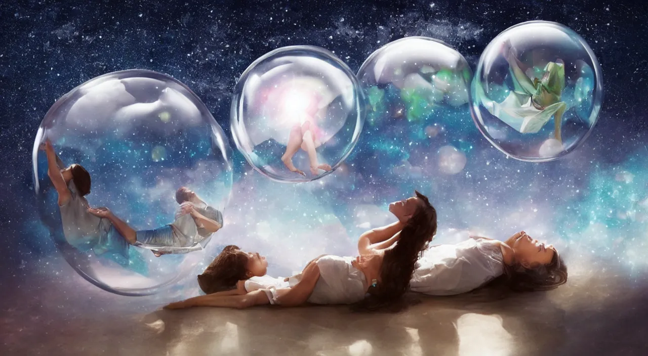 Prompt: someone dreaming and the dream is manifesting in a bubble floating above them, high quality, cinematic, award winning