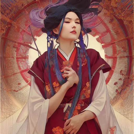 Prompt: shrine maiden miko, digital painting, artstation, concept art, smooth, sharp focus, illustration, art by artgerm and greg rutkowski, alphonse mucha, boris vallejo, george doutsiopoulos