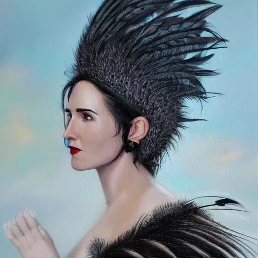 Image similar to detailed realistic oil painting youthful young jennifer connelly with black feathers instead of hair, dark fae, black lips, gray mottled skin, feathers growing out of skin, feathers growing from arms, black hands with long black claws, pale and sickly, profile view, full body, gothic, - - ar 9 : 1 6