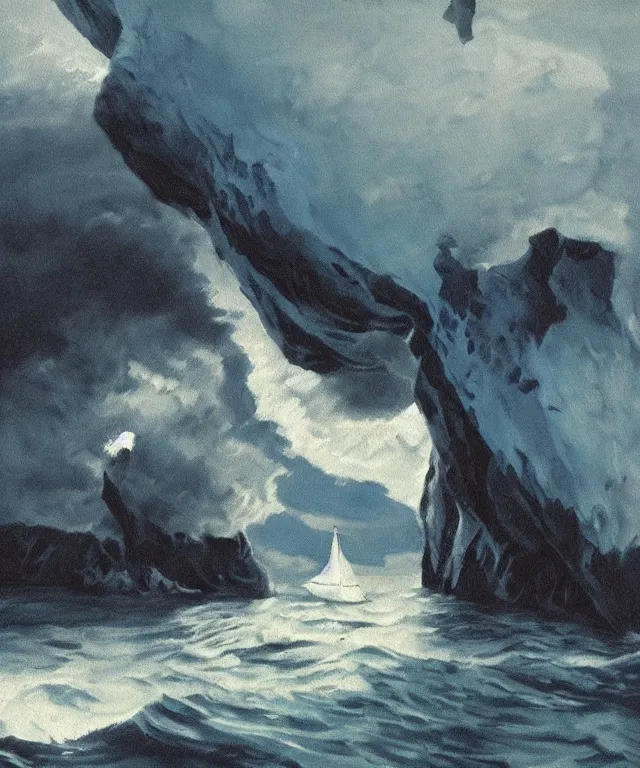 Prompt: photorealistic blue - toned painting of a 1 9 2 5 bay boat sailing near a jamaican cliff with the mouth of a sea cave at the waterline, dark, brooding, atmospheric, lovecraft, horror, smooth, epic, highly detailed, cinematic
