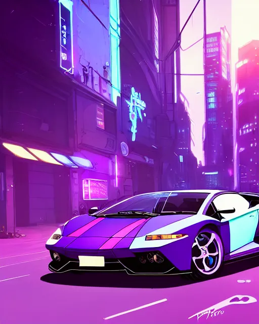 Image similar to digital illustration of cyberpunk pretty girl with blue hair, standing in front of a purple lamborghini, in city street at night, by makoto shinkai, ilya kuvshinov, lois van baarle, rossdraws, basquiat