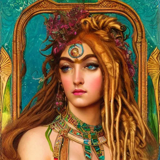 Image similar to artstation, intricate details, hyper details, by gaston bussiere and sandro botticelli, tan skin sumerian goddess inanna, lady of elche, egyptian sumerian features, techno mystic dominatrix goddess intergalactica, inanna with aqua neon rapunzel dreadlocks,