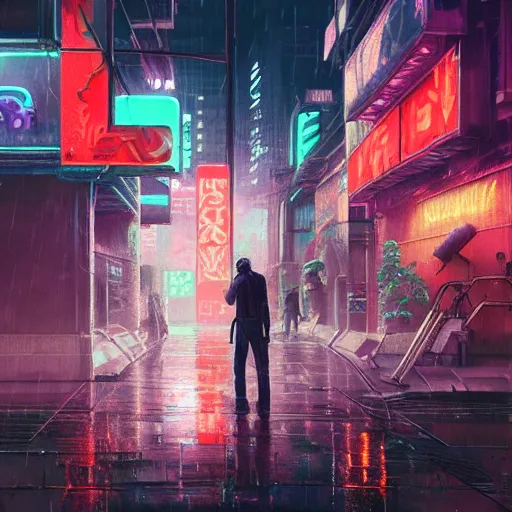 Prompt: man watering plant near the crowded street of a cyberpunk city, rain, harsh neon lights, highly detailed, digital painting, trending on artstation, concept art, sharp focus, illustration, art by artgerm and greg rutkowski and magali villeneuve