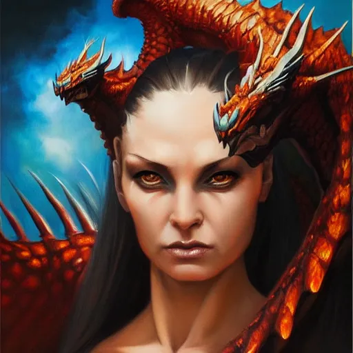 Image similar to oil painting of dragon, dnd character, fantasy, realistic textured skin, portrait, dark and fiery, glowing eyes, sharp focus, artgem, boris valejo, frank frazetta, heavy metal style, trending on artstation, digital painting, julie bell, beautiful, very detailed,