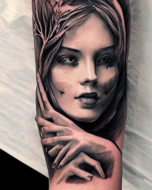 Image similar to tattoo design sketch of a beautiful woman face faded in a background of beautiful mountains and nature on her side, hyper - realistic, in the style of den yakovlev, amazing detail, black and white