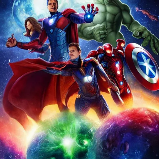 Image similar to the avengers battle one eldritch garfield in space, galaxy, hd, 8 k, explosions, gunfire, lasers, giant, epic, colorful, realistic photo, unreal engine, stars, prophecy, powerful, cinematic lighting, destroyed planet, debris, justice league, movie poster, violent, sinister, ray tracing, dynamic, print, epic composition, dark, moody