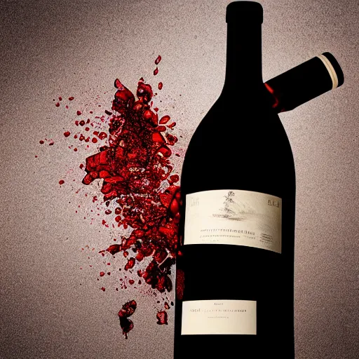 Prompt: wine bottle hitting the floor, bottom part explode into pieces letting the wine escape but bottle upper part remain clean, clear view on the label, cinematographic realistic look