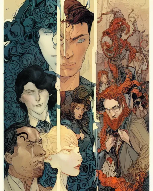 Image similar to a handsome man and a beautiful woman back to back artwork by james jean, Phil noto and rebecca guay