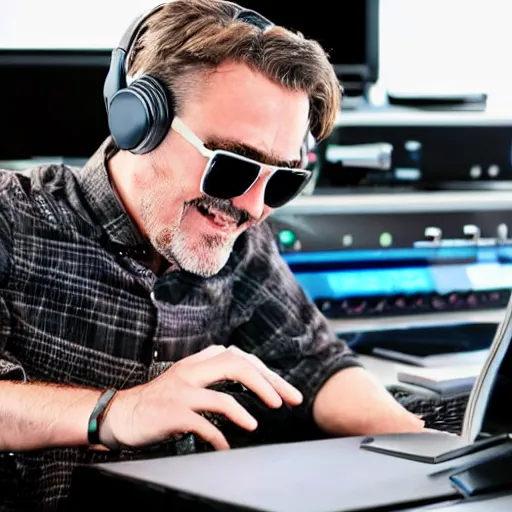 Prompt: middle aged radio DJ man wearing phones and sunglasses