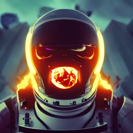 Prompt: front-facing portrait of a mecha astronaut entering hell with a broken air ship, cinematic lighting, epic