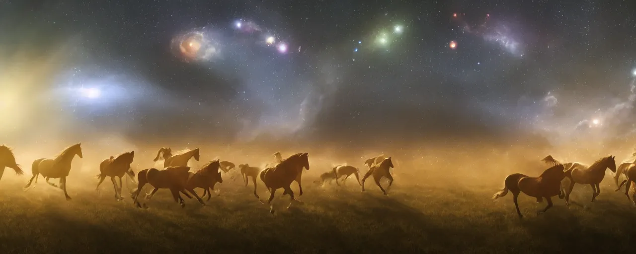 Image similar to hundreds of stampeding wild horses running through a galaxy, volumetric lighting,