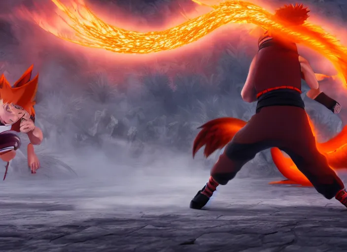 Image similar to naruto and the nine tails on the battlefield, ultra realistic 4 k unreal engine very cinematic render with ray tracing bloom ambient occlusion strong reflections depth of field fog