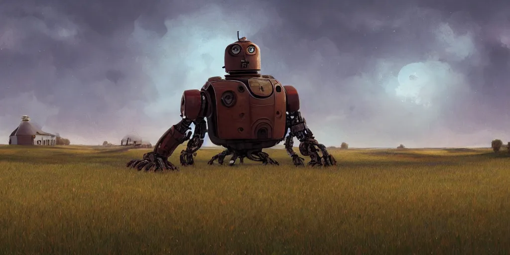 Prompt: a single colossal rusty old robot sad and alone in an empty field in the countryside with a barn on a bright sunny day by mike allred and moebiusand karol bak sharp digital painting. dreaming latent space. matte painting, concept art. artstation. digital render. realistic, 8 k