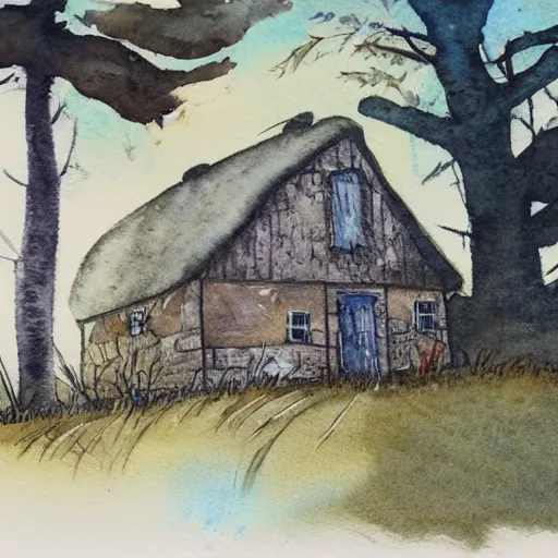 Image similar to a watercolor and ink painting of a cottage, drawn on white parchment paper, vibe, atmosphere, detailed, muted colors, by greg rutowski and ryan berkley