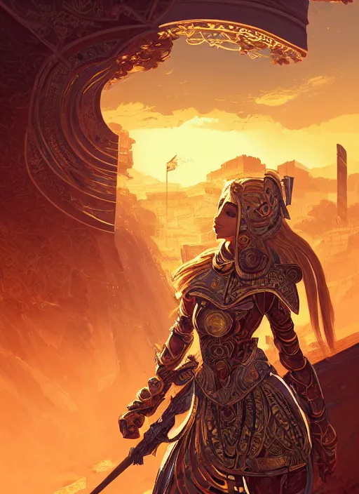 Prompt: portrait knights of zodiac girl, golden and copper shining armor, in ruined agora of athens sunrise, ssci - fi and fantasy, intricate and very very beautiful and elegant, highly detailed, digital painting, artstation, concept art, smooth and sharp focus, illustration, art by ilya kuvshinov and wlop and z - - ed and tian zi