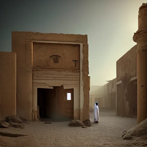 Prompt: old jeddah city alley, roshan, old shops, horse, magical glowing sand gate to another dimension, a man wearing a white robe standing watching over, dramatic lighting sci fi, by caspar david friedrich by beeple and james gilleard and justin gerard, centered, artstation, smooth, sharp focus, photoreal octane render, 3 d, by jean baptiste monge
