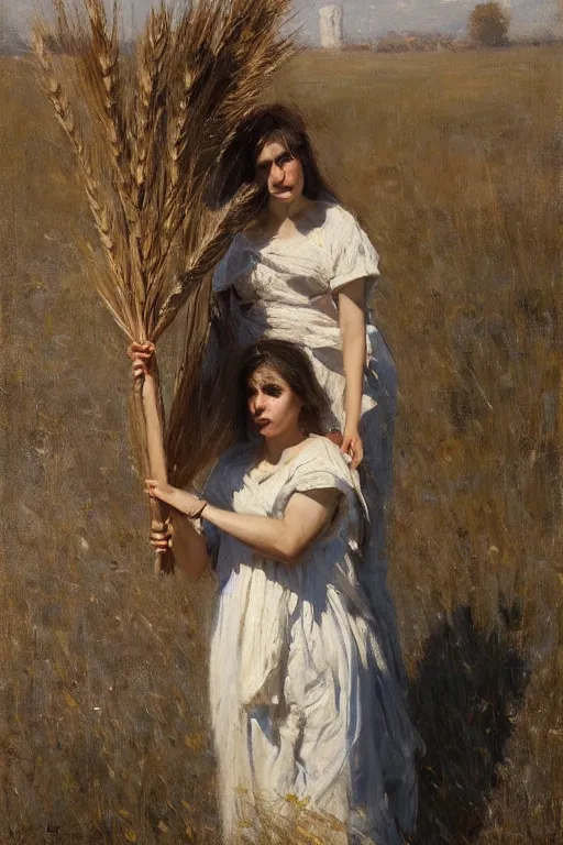 Image similar to Solomon Joseph Solomon and Richard Schmid and Jeremy Lipking painting full length portrait painting of a young woman carrying a sheaf of wheat