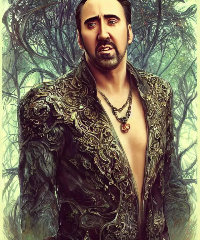 Image similar to epic full body portrait of Nicolas Cage fantasy, intricate, elegant, highly detailed, nicolas cage, nic cage, nicolas cage, digital painting, artstation, concept art, smooth, sharp focus, illustration, deep forest on background, art by artgerm and greg rutkowski and alphonse mucha,