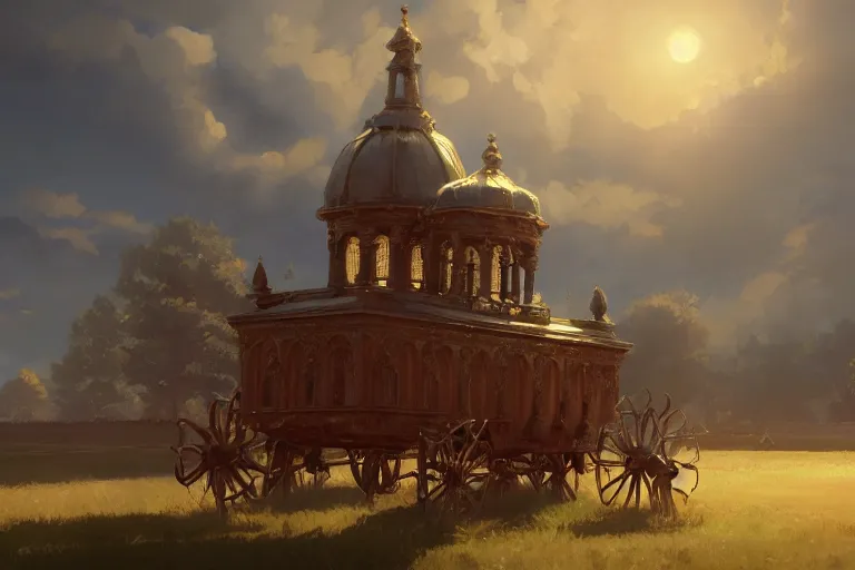 Prompt: a mobile driving ornate baroque church mounted on chainwheels, scene in an open field. key visual, conceptart, ambient lighting, highly detailed, digital painting, artstation, concept art, sharp focus, by makoto shinkai and akihiko yoshida and greg manchess