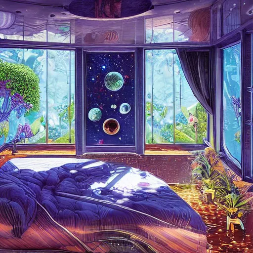 Prompt: Interior of a bedroom on a spaceship, in the background is large window showing a view of outer space, lush plants are spread around the room, intricate, elegant, highly detailed, smooth, sharp focus, detailed face, colourful, high contrast, graphic novel, art by Michael Choi,